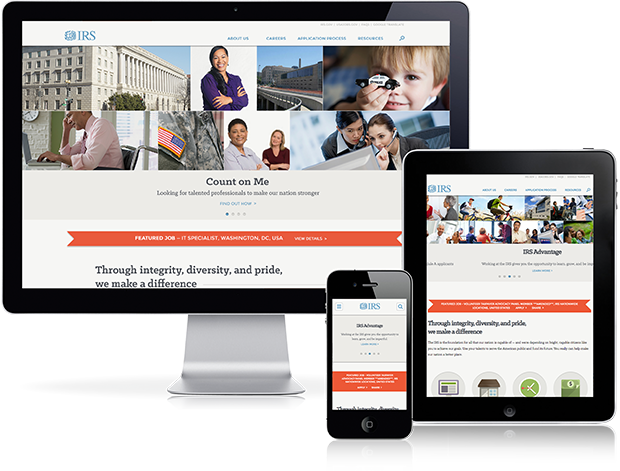 Preview of IRS Jobs website on desktop, tablet and mobile