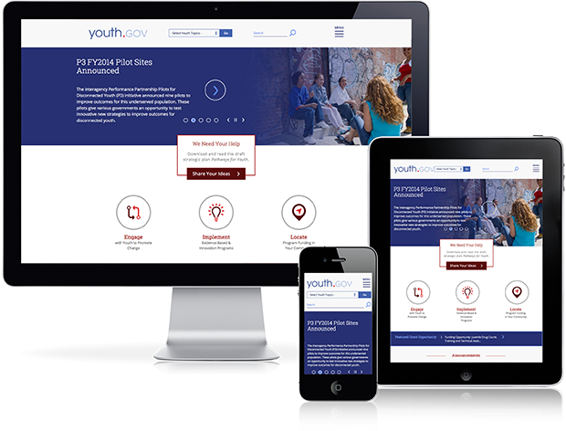 Preview of youth.gov website on desktop, tablet and mobile